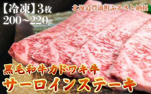 北海道 黒毛和牛 カドワキ牛 サーロイン ステーキ 3枚 200～220g/枚【冷凍】 【 ふるさと納税 人気 おすすめ ランキング 肉 牛肉 牛サーロイン 牛ロース 牛ヒレ 牛ひき肉 おいしい 美味しい 甘い 北海道 豊浦町 送料無料 】 TYUAE006