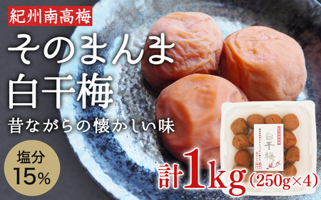 そのまんま白干梅 A級品 計1kg（250g×4個） / 梅干し 梅干 梅 紀州南高梅 和歌山 和歌山県産 田辺市 南高梅 白干し梅 無添加 しょっぱい梅干し 昔ながらの梅干し なつかしい 【kfo015】