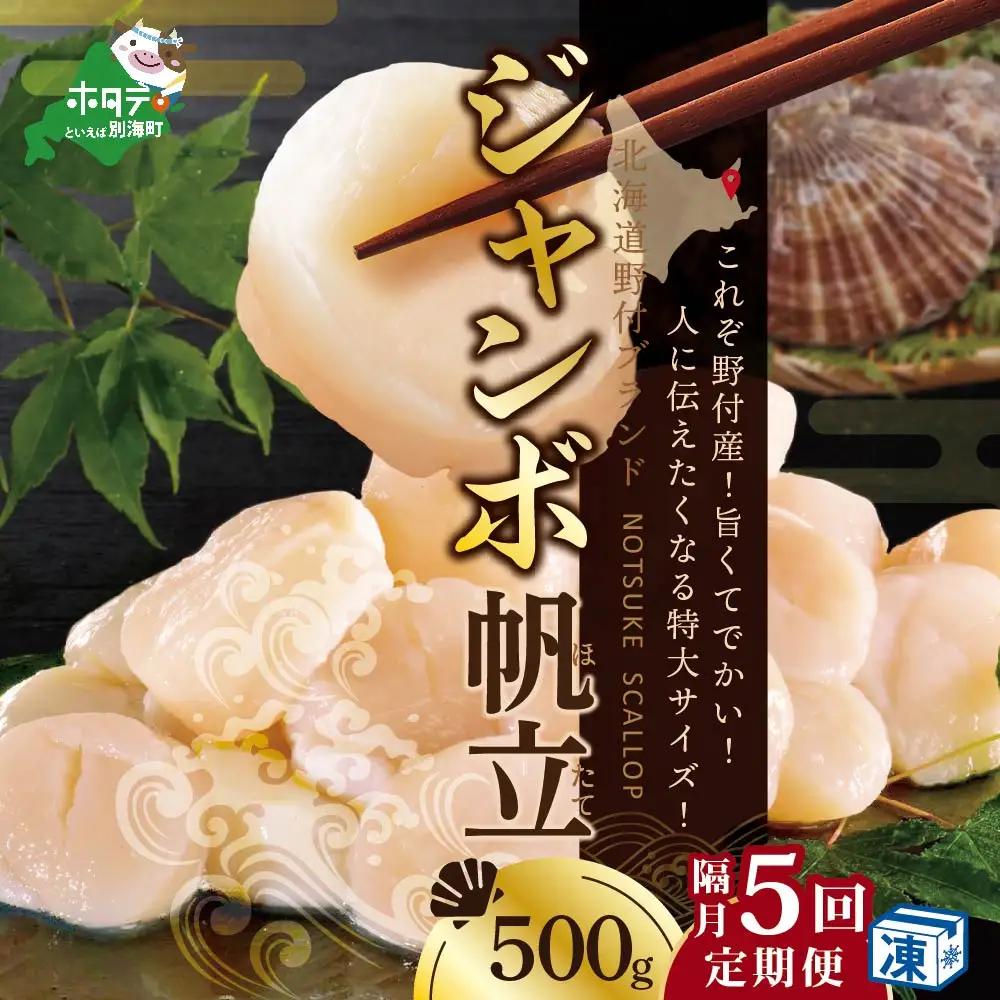 隔月5回定期便 北海道 野付産 ホタテ ジャンボ ホタテ 500g ほたて 貝柱