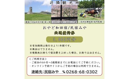 民宿みや/おやど和田宿 宿泊共通優待券3000円 温泉地/スキー場/牧場直ぐ 美ヶ原/信州白樺高原/北八ヶ岳高原山麓 長野県旅行 避暑地 自然絶景 紅葉 雪景色 家族 ファミリー レジャー