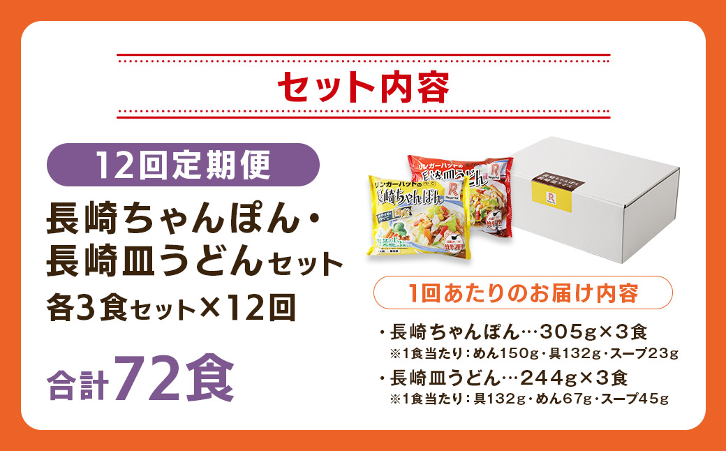 【全12回定期便】長崎ちゃんぽん・長崎皿うどん 各3食 計72食 (6食×12回) セット ／ リンガーハット ちゃんぽん チャンポン 皿うどん 国産野菜 麺類 麺 長崎県 長崎市