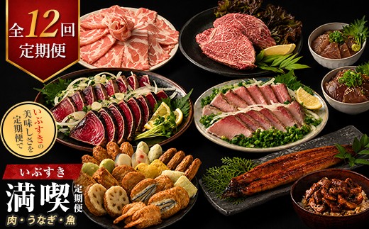 【全１２回定期便】肉・うなぎ・魚！いぶすき満喫便 (IBZ999-018) うなぎ蒲焼 きざみうなぎ 鰻 さつま揚げ デミグラスハンバーグ 薩摩牛 ヒレステーキ カツオタタキ ブリタタキ 黒豚ロース 黒牛 サーロインステーキ 海鮮漬け丼 まぐろ かつお