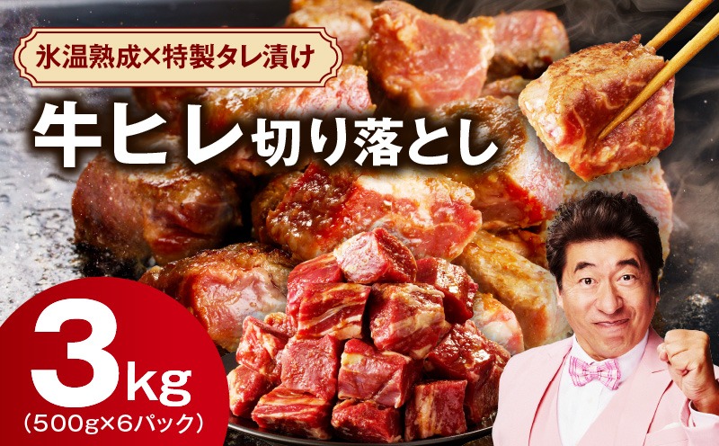 mrz0153 やわらか 牛ヒレ肉 切り落とし 3kg【小分け 500g×6P 氷温熟成×特製ダレ サイズ不揃い ステーキ ひと口サイズ カット済み】