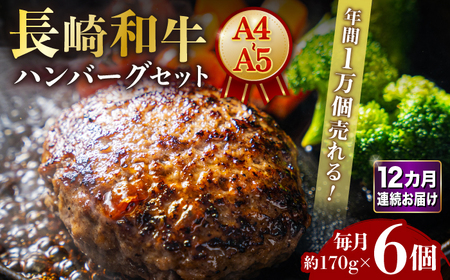 【12回定期便】【年間1万個売れる！】A4-A5 長崎和牛 ハンバーグセット 約170g×6個 長与町/meat shop FUKU[ECS008]