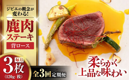 【全3回定期便】鹿肉 背ロース 120g×3枚 《喜茂別町》【EBIJIN】 ジビエ 鹿 ロース ステーキ ステーキ用 赤身 冷凍 冷凍配送 定期便[AJAO028]