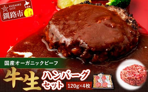 釧路生まれ、釧路育ちのオーガニックビーフ 生ハンバーグ120g×4枚  決済から30日前後で発送 F4F-1446