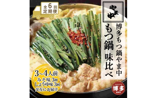 【定期便全6回】【博多もつ鍋やま中】もつ鍋みそ味（3～4人前）ともつ鍋しょうゆ味（3～4人前）を交互にお届けする味比べ定期便 | 肉 お肉 にく 食品
