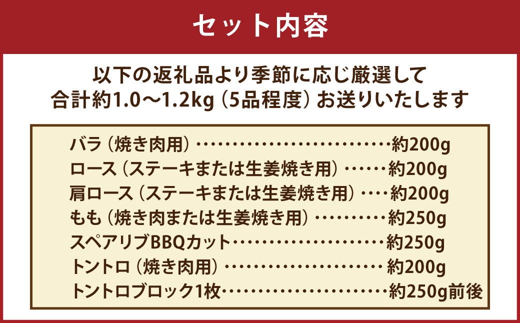 【香心ポーク】 焼き肉 ・ ステーキ用 厚切り肉 1.0～1.2kg （各部位セット）