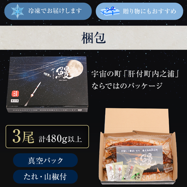 【E57004 】＜定期便・計3回(連続)＞うなぎ蒲焼・大(有頭)(3尾・計480g以上✕3回、タレ、山椒付)_イメージ5