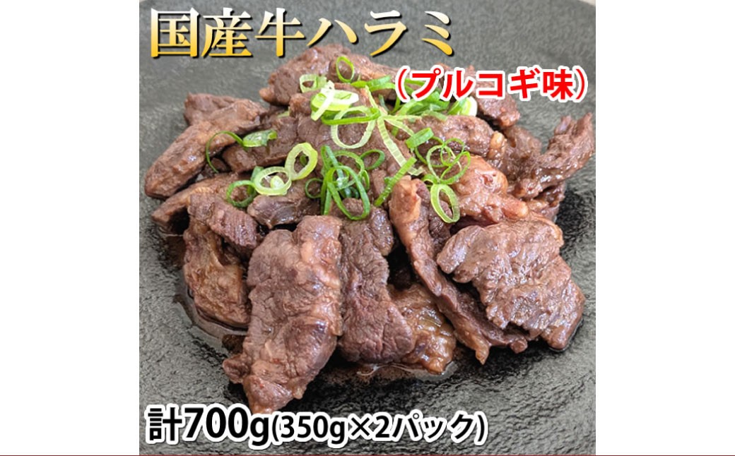 
            国産牛ハラミ 計700g（350g×2パック） 牛肉 プルコギ味 お肉 肉 焼き肉 焼肉 牛ハラミ はらみ ハラミ 冷凍 国産
          