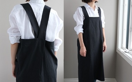 CD-11.【着心地の良い】バッククロス エプロンとキッチンクロスの2点セット／Black（ブラック）・Ecru（エクリュ）