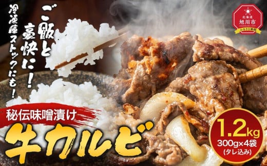 味付味噌牛カルビ1.2kg（タレ込み） 【 牛肉 お肉 焼肉 焼き肉 やきにく タレ 漬け 味付き にく 小分け 個包装 冷凍 セット BBQ アウトドア キャンプ 人気 大容量 大量 北海道 詰め合わせ 詰合せ 簡単調理 焼くだけ カルビ 牛カルビ お取り寄せ 旭川市 北海道 】_04213