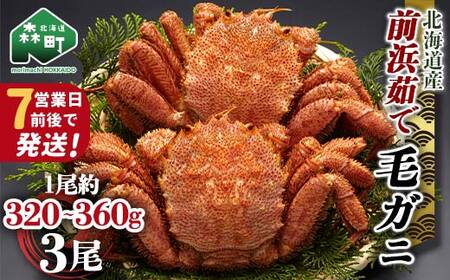 【7営業日前後で発送】北海道 毛ガニ 前浜茹で毛がに 約320g～360g 3尾 かに カニ 蟹 ガニ がに 森町 毛蟹 毛かに 毛がに 毛カニ 毛ガニ mr1-1029