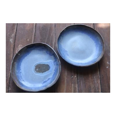 ふるさと納税 与論町 あーどぅる焼き　丸皿2枚セット【サンゴ釉(青)】同色2枚