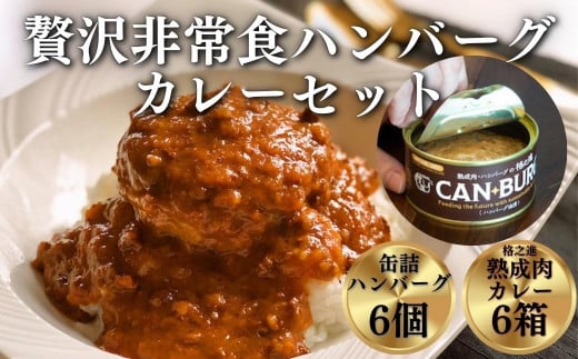 《格之進》贅沢非常食セット(大) 格之進 門崎熟成肉カレー6個、缶詰ハンバーグ(ハンバーグオイル漬)6個 お歳暮 プレミアム お弁当 個包装 お惣菜 小分け 子供 簡単調理 湯煎 肉 岩手 一関 贈り物 ギフト お取り寄せ 防災 備蓄 備え