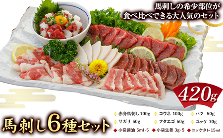馬刺し 6種 セット 420g 醤油 タレ 付き 津奈木町（阿蘇牧場） 《30日以内に出荷予定(土日祝除く)》熊本県 葦北郡 津奈木町 送料無料 肉 馬肉 馬さし 赤身 タテガミ ハツ サガリ フタエゴ ユッケ