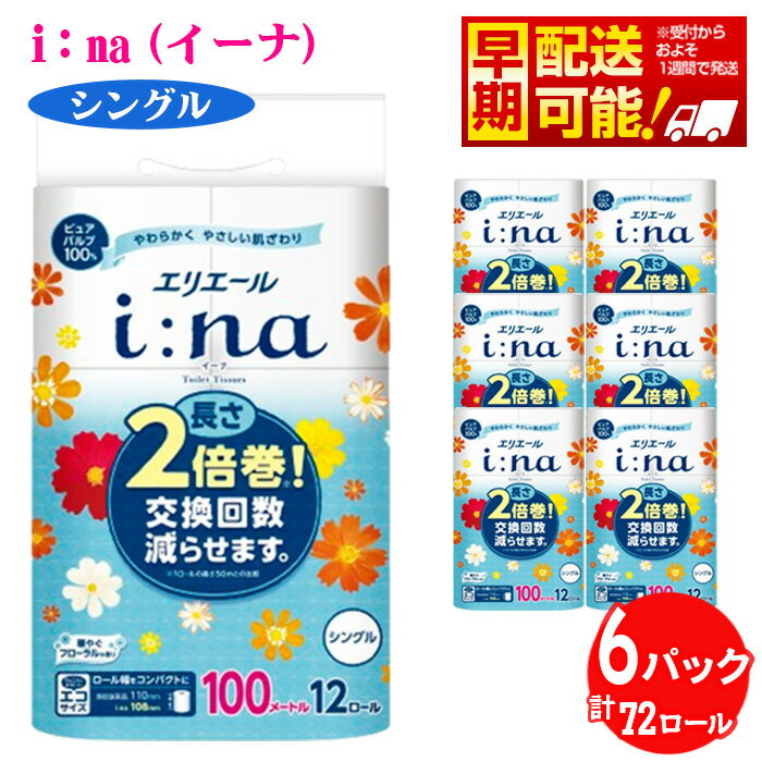 【ふるさと納税】【シングル】エリエール i：na（イーナ）トイレットティシュー　2倍巻き12ロール ／ トイレットペーパー ティッシュ 長持ち フローラル やわらか 消耗品 2倍巻き シングル 大容量 収納便利 日用品 トイレ用品 肌ざわり 送料無料 埼玉県 No.487