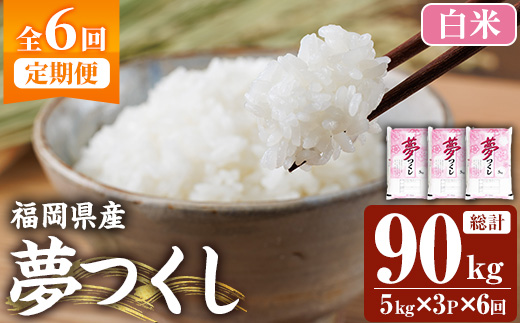 ≪令和8年産≫【6回定期便・白米】【食味鑑定士厳選】福岡県産 夢つくし(総計90kg・5kg×3袋×6回) 白米 米 お米 おこめ ごはん ゆめつくし ご飯 常温 福岡県産 ブランド米 定期便 定期 
