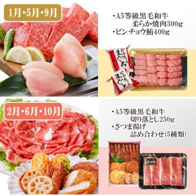 ふるさと納税 枕崎市 定期便(4回配送)黒毛和牛&まぐろ・かつお・さつま揚げ EE-0046 |  | 01