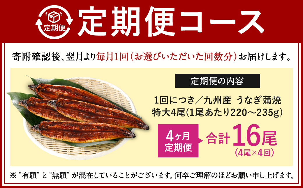 【4ヶ月定期便】九州産うなぎ 蒲焼 特大4尾 (1尾あたり220～235g)