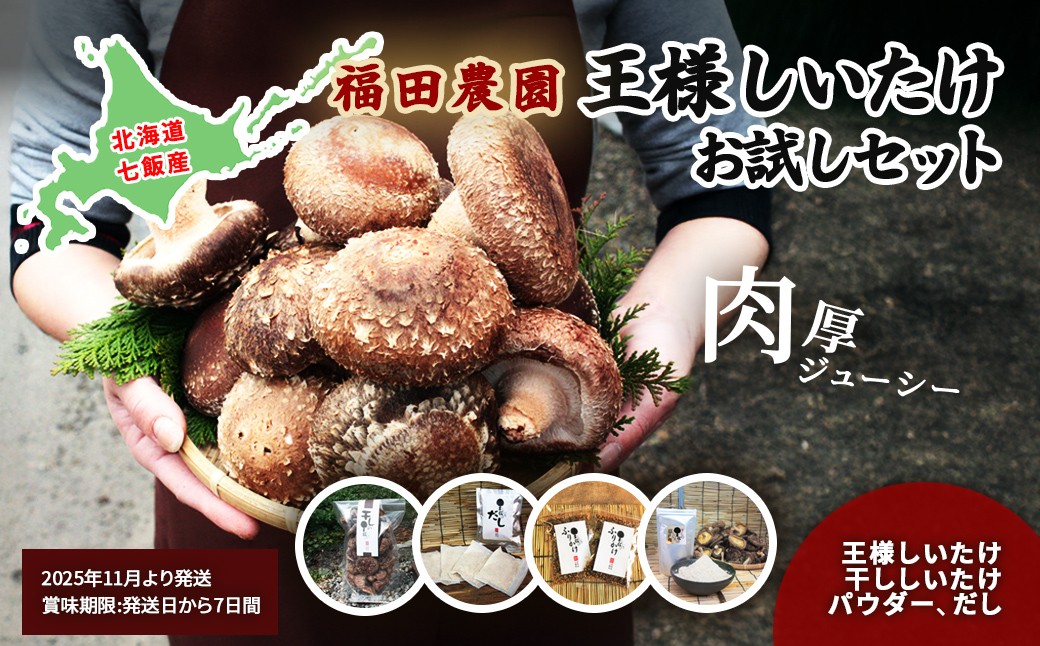 
            王様しいたけお試しセット (王様しいたけ・干ししいたけ・パウダー・だし) 福田農園 【 ふるさと納税 人気 おすすめ ランキング 王様しいたけ お試しセット しいたけ尽くし 北海道 七飯町 送料無料 】NAT005
          