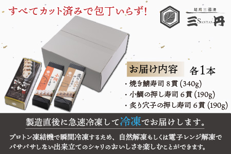 押し寿司セット(焼き鯖寿司、小鯛の押し寿司、炙り穴子の押し寿司) 3種20貫入《大人気返礼品！》／ 越前名物 おすし 押し寿司 鯖 鯛 穴子 食べ比べ カット済 取り分け お手軽 あわら