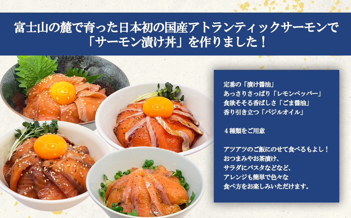 小山町産アトランティックサーモン 冷凍 サーモン漬け丼　食べ比べセット（4つの味×1P） | サーモン 小分け 真空パック 詰合せ 刺身 海鮮丼 海鮮 魚介 サーモン丼 国産 鮭 養殖 静岡県 小山町
