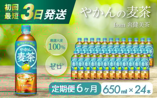 
【6か月定期便】やかんの麦茶 from 爽健美茶 PET 650ml×24本(1ケース) ペットボトル お茶 むぎ茶 飲料 カフェインゼロ 箱買い まとめ買い 防災 備蓄 014009
