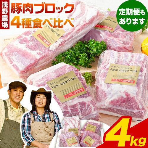 【ふるさと納税】浅野農場厳選豚肉ブロック 豚肉 肉 豚肉4種 厳選 食べ比べ セット スマイル ポーク 合計4kg 3ヶ月 6ヶ月 定期便あり 豚上ロース 豚肩ロース 豚バラ 豚モモ もも 冷凍 煮込み BBQ キャンプ飯 ソロキャン お取り寄せ 詰め合わせ 詰合せ