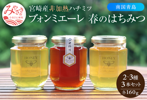 【最速便】【数量・期間限定】宮崎産非加熱ハチミツ(南国青島シリーズ)2～3種 ブォンミエーレ春のハチミツ160g×3本セット 蜂蜜 国産 非加熱