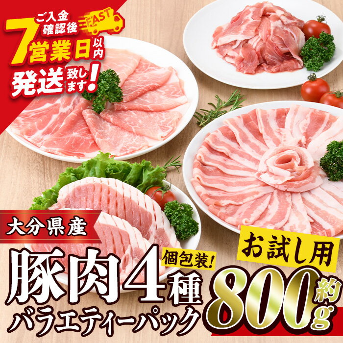 【ふるさと納税】＼高評価★満足度95％以上／ スピード発送 ＜お試し用＞ 豚肉バラエティーパック (合計800g ・4種) 豚 ぶた 豚バラ とんかつ ロース 豚こま こま切れ スライス 豚しゃぶ しゃぶしゃぶ 小分け 個包装 セット 詰め合わせ 冷凍【BD211】【西日本畜産】