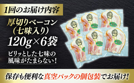 【全6回定期便】秒でプラスもう一品！ブランドポーク『オズの箱入り娘』使用！厚切りベーコンスライス（七味入り）×6ケ 合計720g 豚肉 切り落としベーコン 愛媛県大洲市/株式会社オズメッセ[AGAZ0