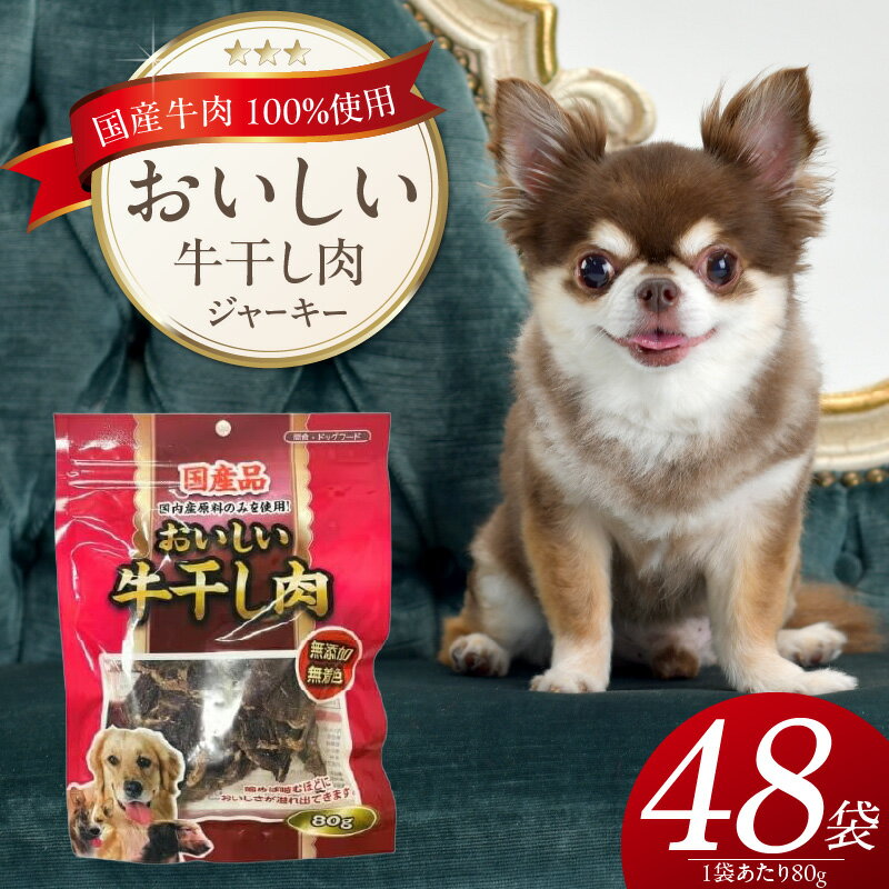 【ふるさと納税】おいしい 牛干し肉 ジャーキー 犬用 おやつ 80g × 48袋 愛犬 やさしいおやつ 健康 サポート 素材の旨味 国産 牛肉 硬い 長持ち ストレス解消 歯磨き効果 自然派 おやつ 専用パウチ入り 福岡県 久留米市