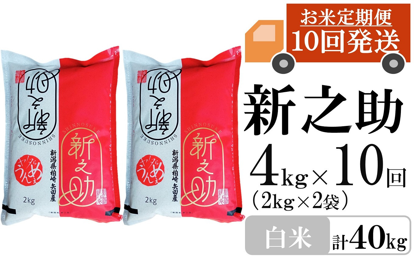 
            【令和7年産新米・10ヶ月定期便】新之助 白米 4kg（2kg×2袋）×10回（計 40kg）ヤタらうんめぇ しんのすけ 水田環境鑑定士在籍[Y0339]
          