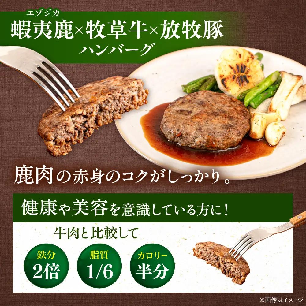 【全2回定期便】ハンバーグ 食べ比べ 10個セット（蝦夷鹿/牧草牛/放牧豚）  鹿肉 牛肉 豚肉 セット 食べ比べ 小分け 冷凍 北海道 [AXBP046]