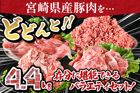 ＜宮崎県産豚肉 バラエティーセット4.4kg＞翌月末迄に順次出荷【 肉 豚肉 国産豚肉 九州産豚肉 宮崎県産豚肉 豚肉 大容量 豚肉 バラエティー豚肉 豚肉 豚ロース 豚モモ 豚ミンチ 豚こま 肉 】