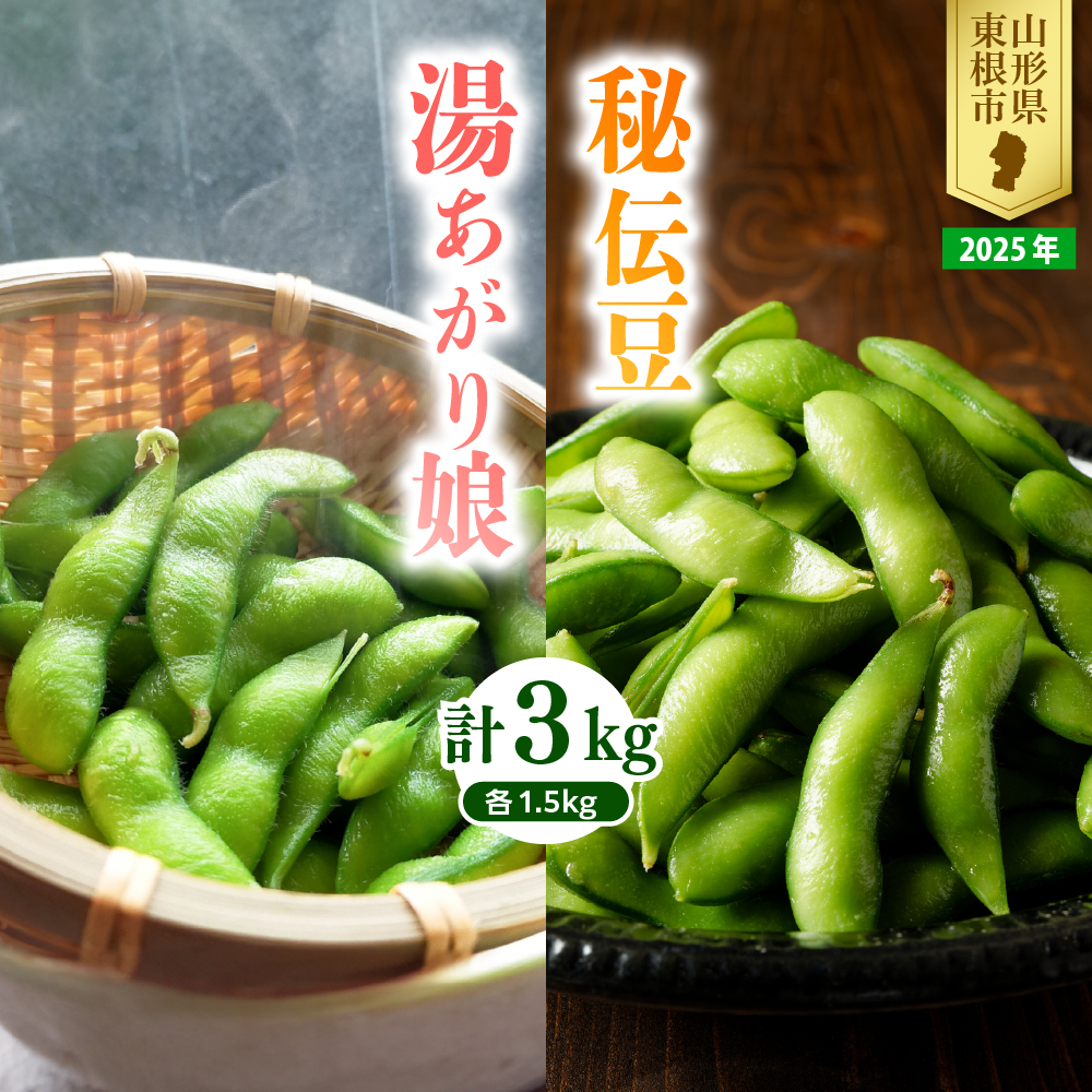 【2025年 定期便 全2回】 枝豆「湯あがり娘」1.5kg と 「秘伝豆」 1.5kg JA提供 山形県 東根市　hi003-131-2