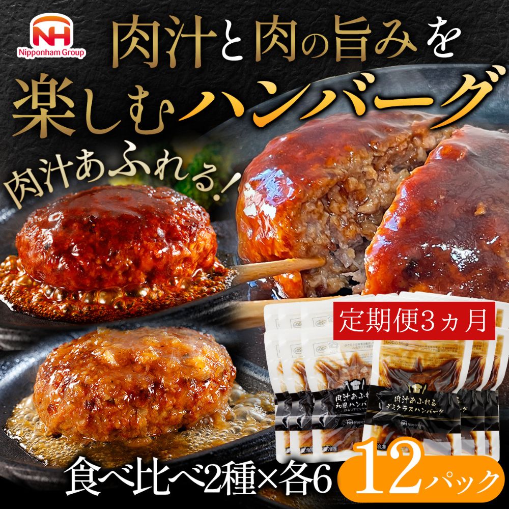 【ふるさと納税】【3ヶ月定期便】肉汁あふれるハンバーグ2種12個セット（デミグラス＆和風）3ヶ月定期便　日本ハム 冷凍 個食 使い切り 湯煎 牛肉 豚肉