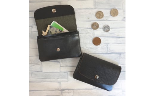 FT005【ふるさわ革工芸】コイン・お札・カードが入る本革の小さな財布（2.黒×黒）