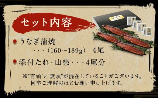 【丑の日／配達日指定可能】九州産 うなぎ 蒲焼 大 4尾 (1尾あたり160～189g)