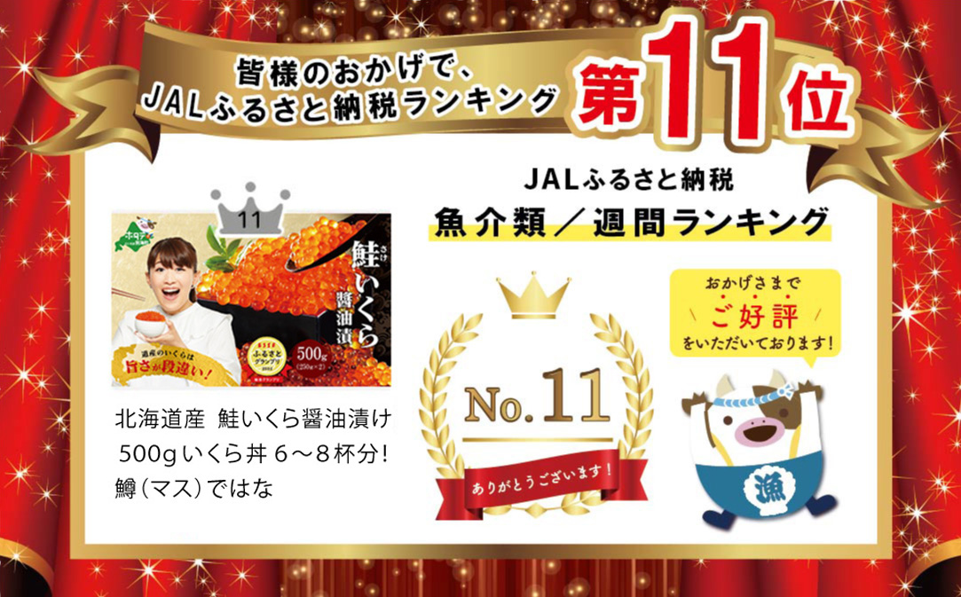 北海道産  鮭いくら醤油漬け500g いくら丼6〜8杯分！鱒（マス）ではなく、北海道産の鮭（サケ）のいくらです  ( イクラ いくら 鮭卵 いくら醤油漬け  イクラ醤油け 魚卵 国産 道産 )