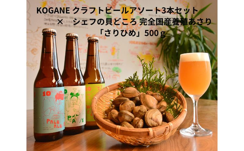 
            [№5258-1320]KOGANE クラフトビールアソート3本セット×シェフの貝どころ 完全国産養殖あさり「さりひめ」500g　国産 あさり アサリ 養殖 ビール 酒 兵庫県 姫路市
          