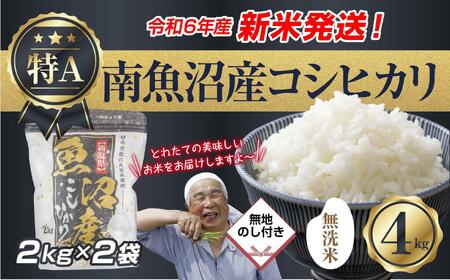 【新米発送】無地のし 「無洗米」  令和6年産 新潟県 南魚沼産 コシヒカリ お米 2kg×2袋 計 4kg 精米済み（お米の美味しい炊き方ガイド付き） お米 こめ 白米 新米 こしひかり 食品 人気 おすすめ 送料無料 魚沼 南魚沼 南魚沼市 新潟県産 新潟県 精米 産直 産地直送 お取り寄せ