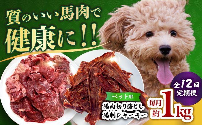 【全12回定期便】詰め合わせ 国内加工 ペット用 馬肉 切り落とし 1kg ペット用 馬刺しジャーキー 100g(50g×2) 【合同会社　長岡フーズ】 [ZFR068]
