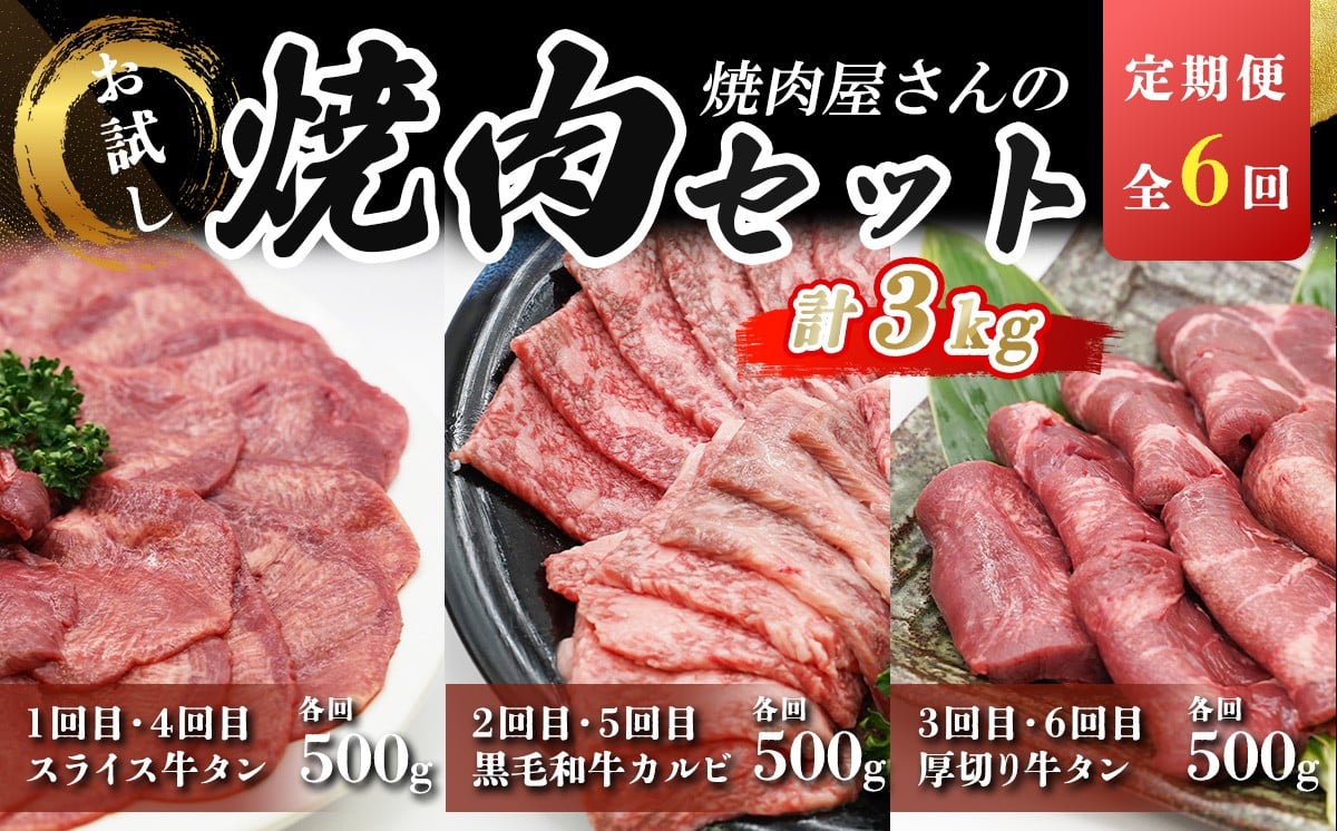 
            定期便 全6回 焼肉屋さんの牛肉 お楽しみ定期便 総量 3kg | 肉 牛 牛肉 牛タン 牛たん 厚切り カルビ 焼肉 BBQ 人気 パック 真空 小分け 真空パック 冷凍 静岡県 小山町
          