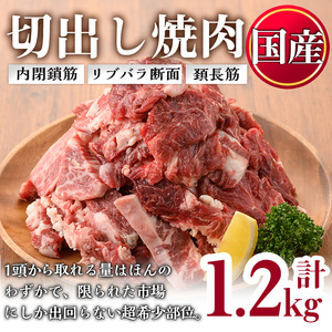 No.833-01 ＜訳あり＞国産牛切出し焼肉(計1.2kg・300g×4P)国産 九州産 牛肉 黒毛和牛 和牛 焼肉 焼き肉 希少部位  食べ比べ  キャンプ BBQ 訳あり 訳アリ 冷凍 小分け【