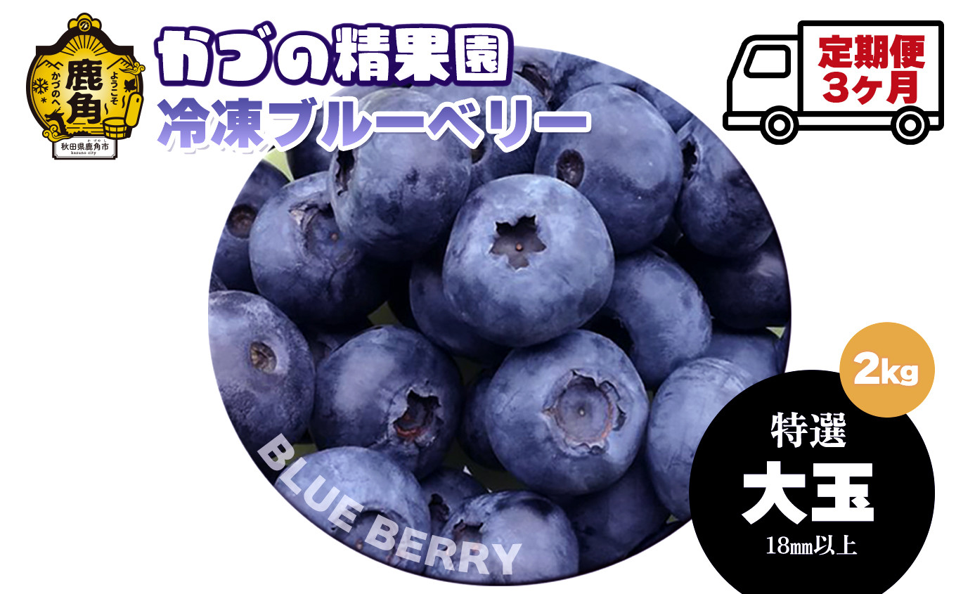 
【定期便】ブルーベリー（冷凍）特選 大玉 2kg × 3ヶ月【かづの精果園】　冷凍 栄養 効果 アントシアニン サプリ 藍苺 ベリー レシピ ジャム スムージー アサイー アイス ヨーグルト 自然 秋田県 秋田 あきた 鹿角市 鹿角 かづの
