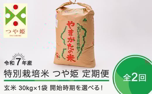新米 米 令和7年産 【玄米2回定期便】 つや姫 30kg×2回 2026年4月・2026年7月発送 大石田町産 特別栽培米 玄米 ja-tsgxa30x2-tkk4to7