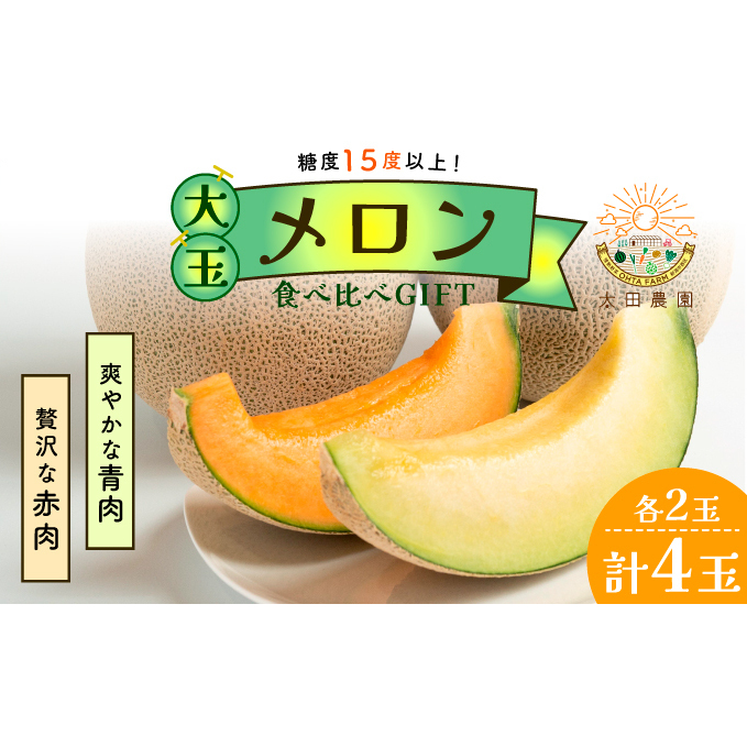 太田農園メロン“GIFT”赤肉メロン＆青肉メロンセット（各2玉ずつ） メロン セット 糖度 赤肉 青肉  高級 果物 フルーツ おやつ デザート 新潟 夏フルーツ 