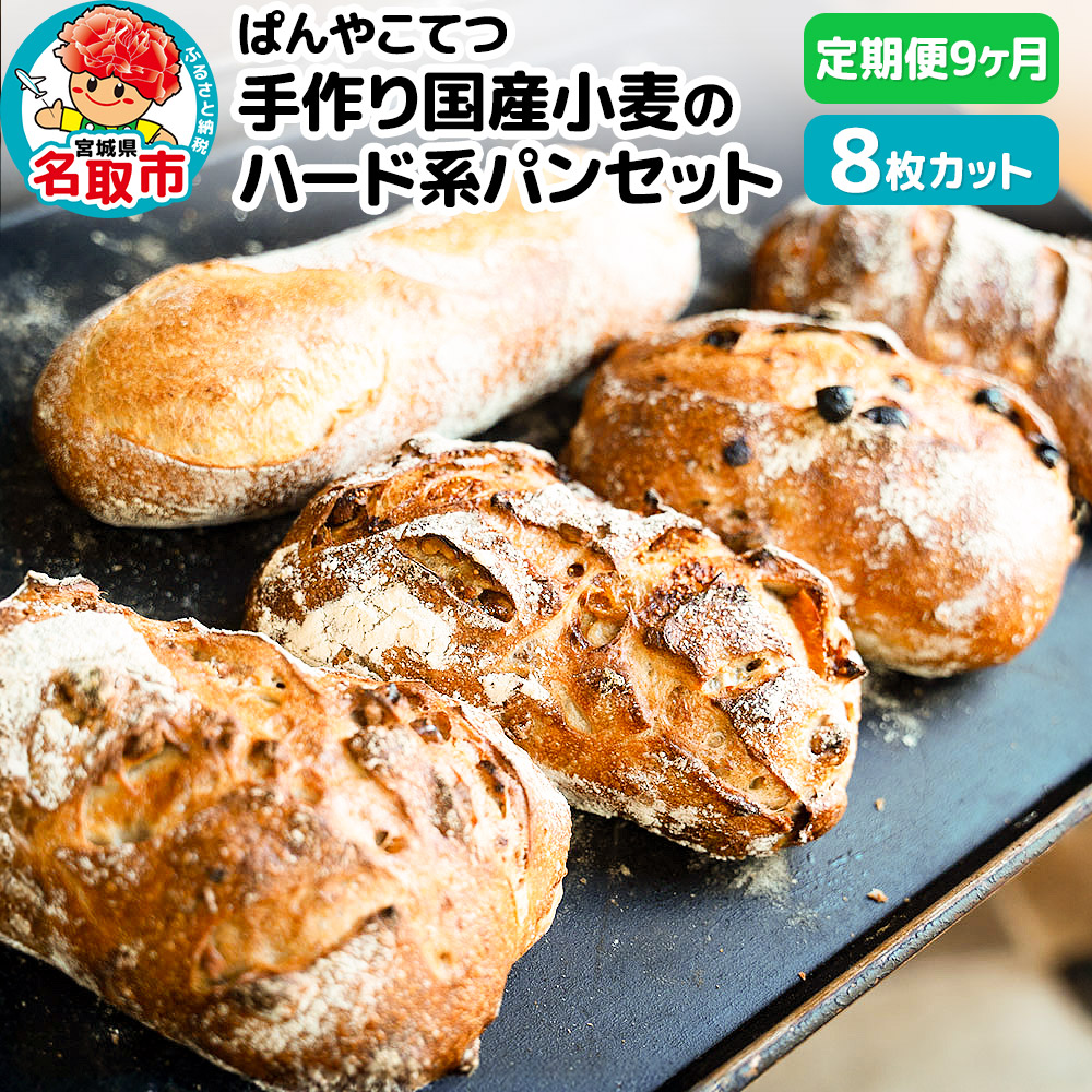 【定期便9ヶ月】名取 閖上のぱんやこてつ 手作り 国産小麦のハード系パンセット 8枚カットしてお届け